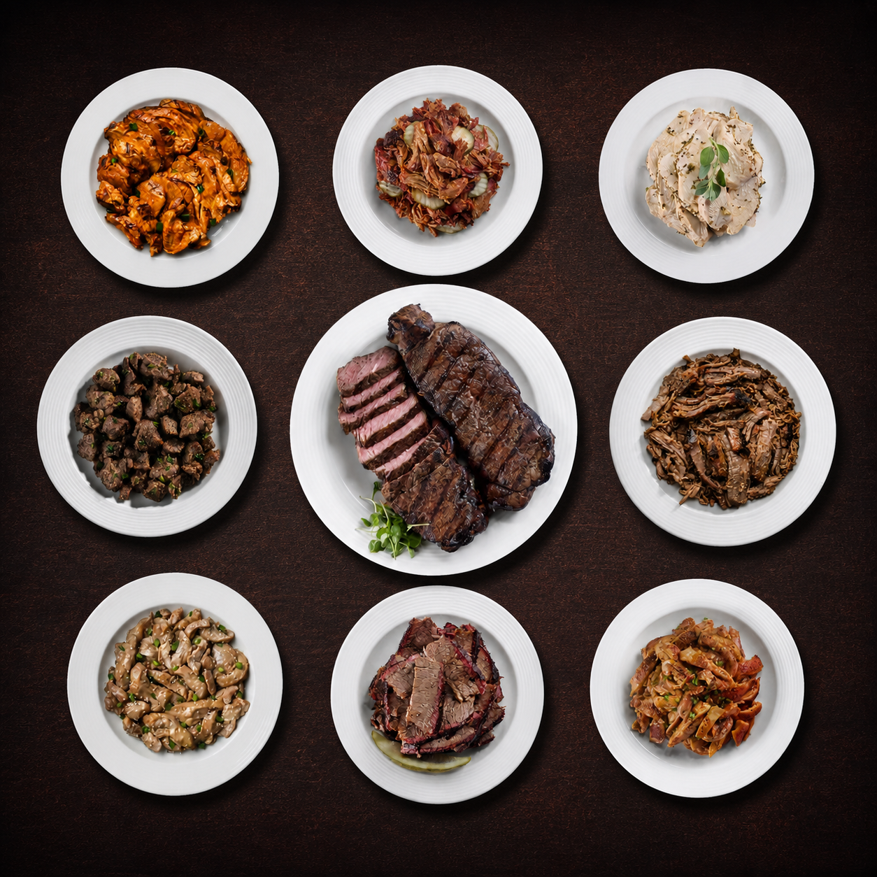 Representative steak, brisket, pork, and chicken assortment from The Grand Reserve Freezer Vault